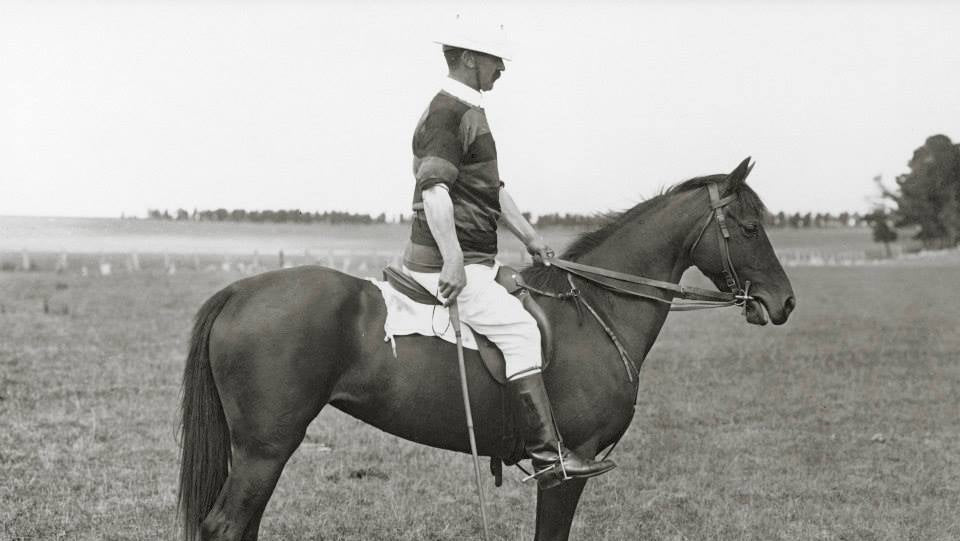Man on horseback holding a polo mallet in a field